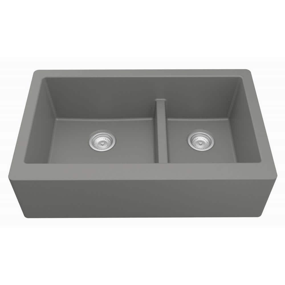 Karran Quartz 34'' X 21-1/4'' 60/40 Double Bowl Farmhouse/Apron Front Kitchen Sink Kit