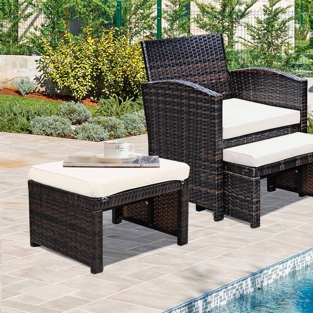 Spaco 2 Pieces Outdoor Patio Rattan Wicker Ottoman Set with Soft Cushion for Garden, Balcony, Poolside, White