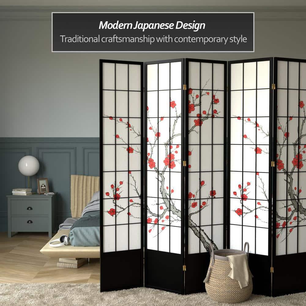 83.5" Black Cherry Blossom Shoji Room Divider with 5 Panels