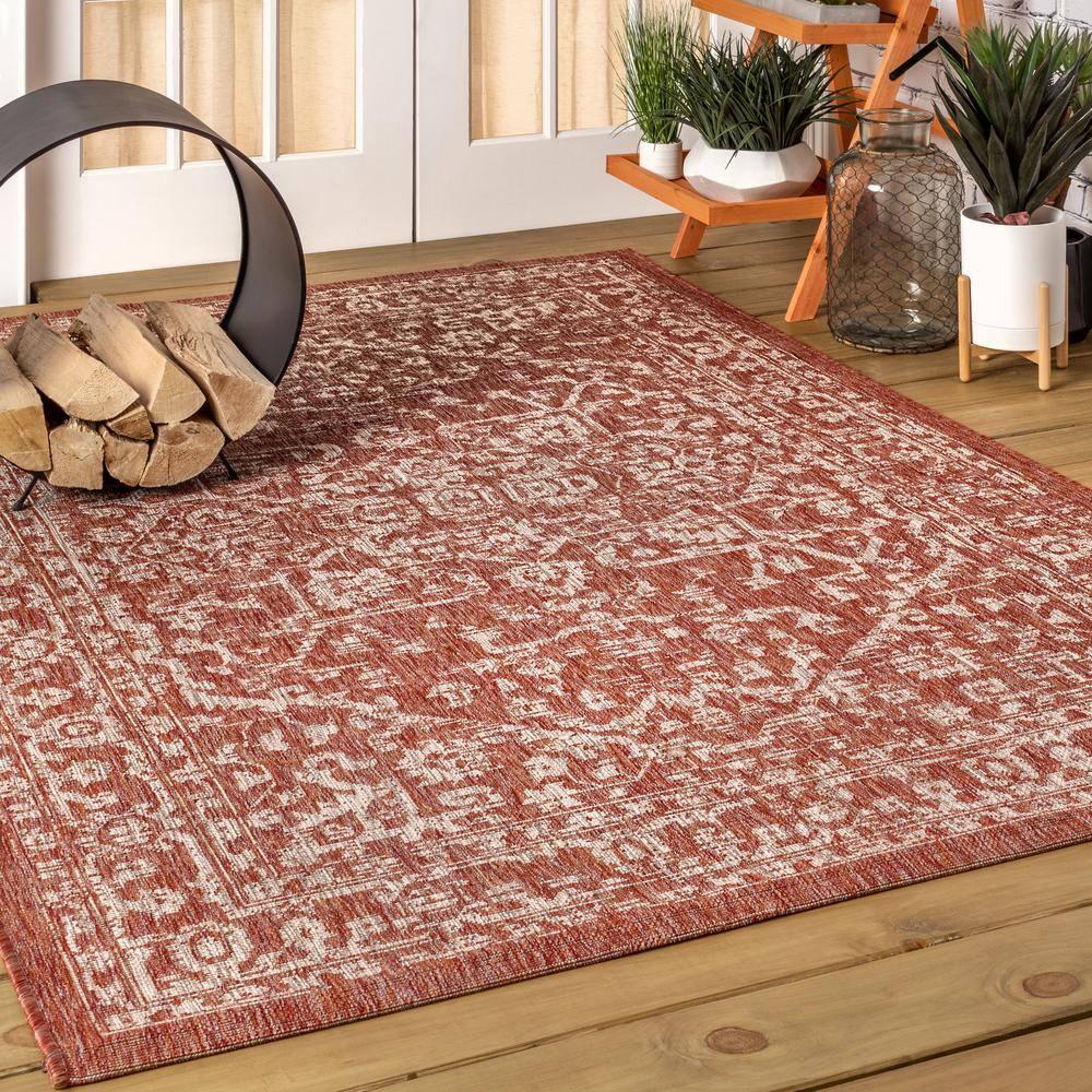 4'x6' Malta Bohemian Medallion Textured Weave Indoor/Outdoor Area Rug, Red/Taupe - JONATHAN Y