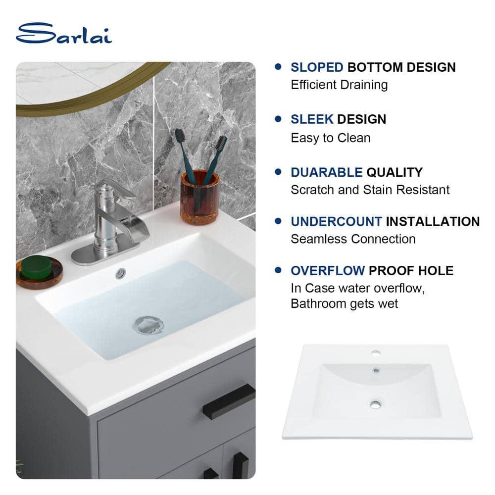 Sarlai 24 Inch Bathroom Vanity Sink Tops - White Drop In Bathroom Sink Ceramic Topmount Rectangular Vanity Top with Overflow