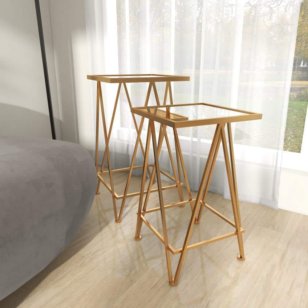 DecMode 15" x 26" Gold Metal Accent Table with Mirrored Glass Top, 2-Pieces