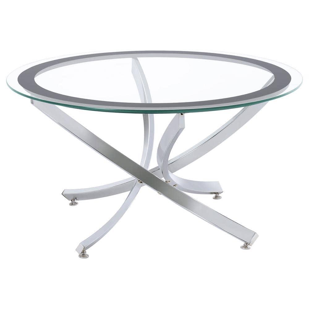 Transitional 35.5'' Round Silver Metal and Black Glass Coffee Table