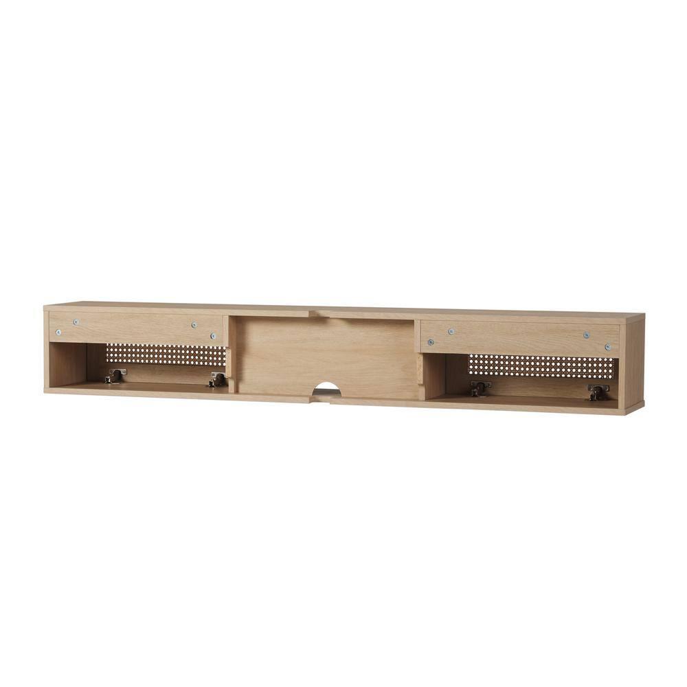 Walker Edison Modern Floating Rattan-Door TV Stand for TVs up to 65”, Coastal Oak