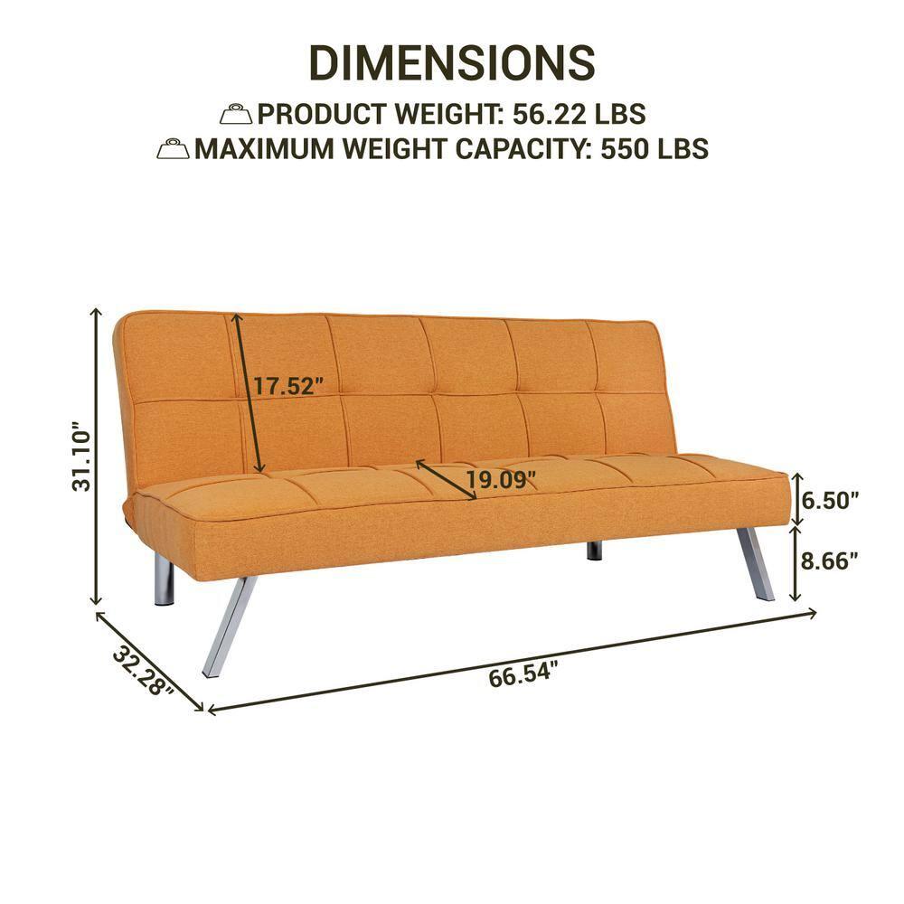 Modern Futon Sofa Bed - Compact Design for Small Spaces - Convertible Futon with Linen Fabric for Premium Comfort - Ideal Guest Couch - Stylish & Durable, Supports up to 750 lbs. - Tangerine