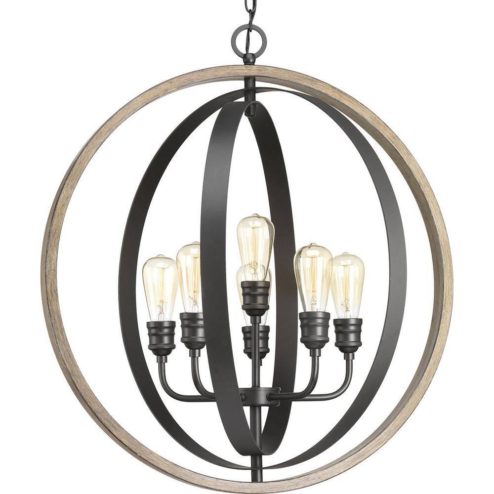 Progress Lighting Conestee 6-Light Pendant, Steel, Graphite, Armillary-Style Frame, Galvanized/Antique White Finish