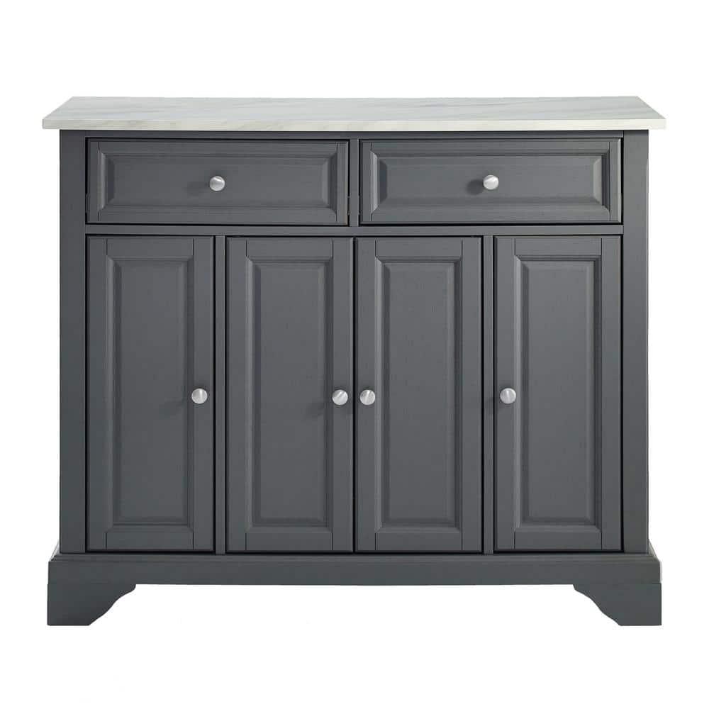One Allium Way® Kitchen Island With Storage Shelves, Microwave Stand, Coffee Bar, Gray - Birch Veneer, Marble Finish, 2 Drawers & 3 Cabinets, Brushed Nickel Hardware