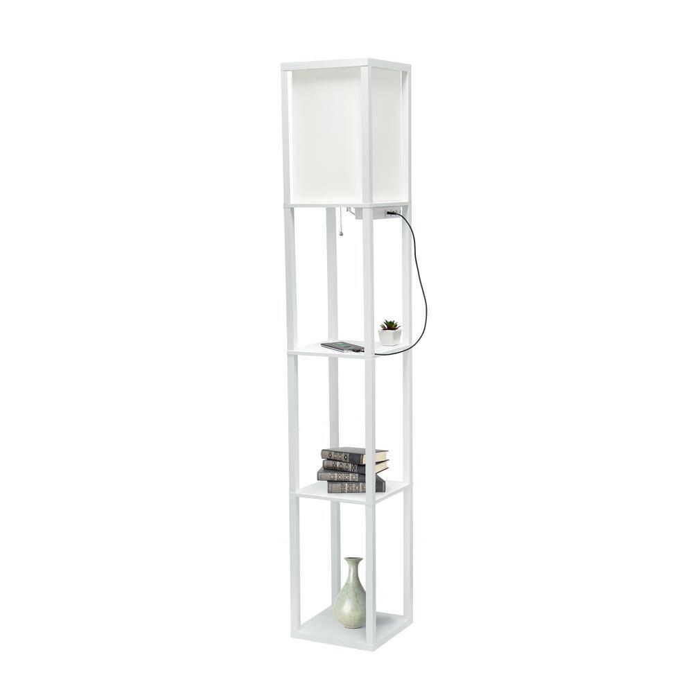 Creekwood Home Classix 62.5" 3-Tier Storage Floor Lamp with Charging Ports and Outlet White