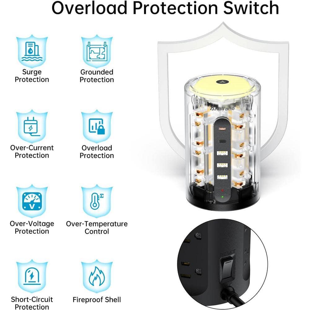 Power Strip Tower with Night Light, Power Strip Surge Protector with USB Ports, Extension Cord 10 FT with Multiple Outlets (12AC+3A+2C) for Home Office Desk DormRoom (Black)