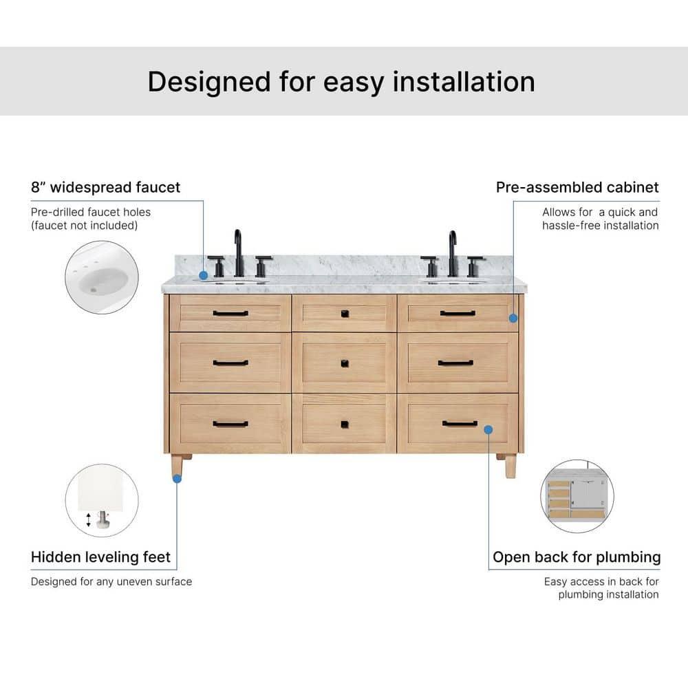 Ariel Monrow 67 Inch Double Oval Sink Bathroom Vanity With Italian Carrara Marble Countertop