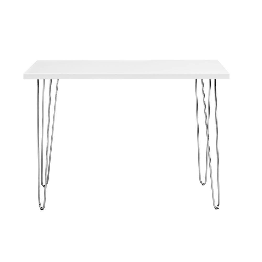 Walker Edison MDF Wood Writing Desk with Chrome Metal Legs in White