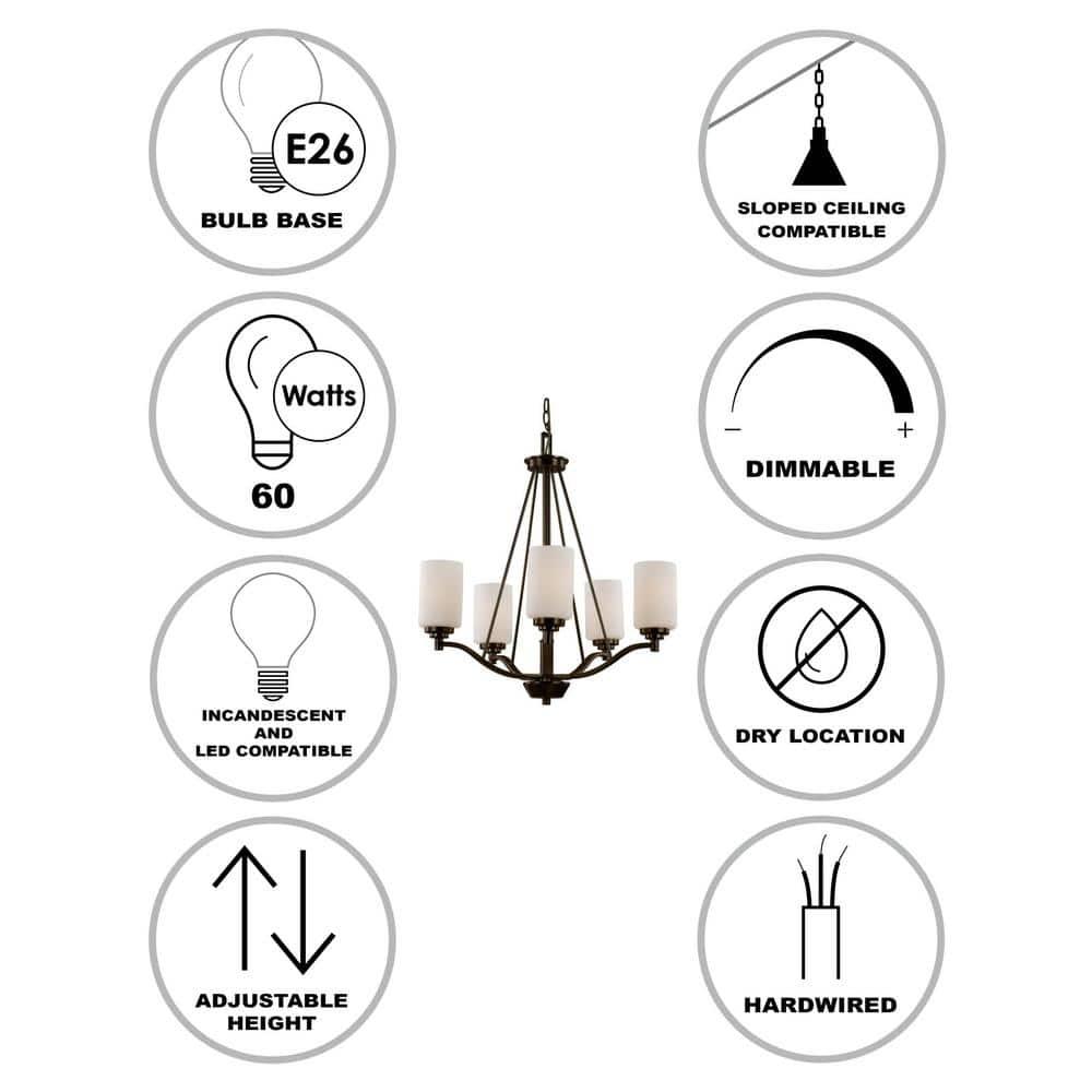 Mod Pod 5-Light Oil Rubbed Bronze Candle Chandelier Light Fixture with Frosted Glass Cylinder Shades