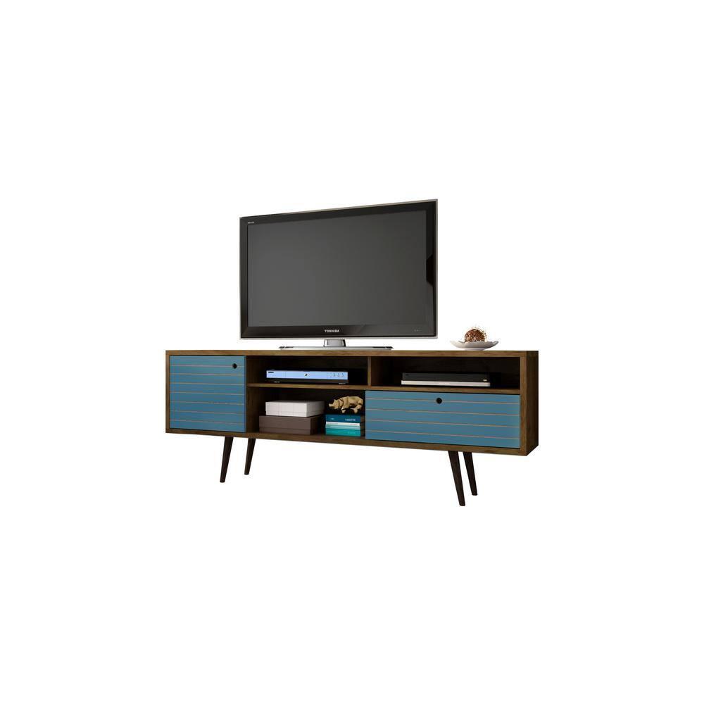 Liberty 3 Shelf and 1 Drawer TV Stand for TVs up to 65" Rustic Brown/Aqua Blue - Manhattan Comfort: Entertainment Center with Cable Management