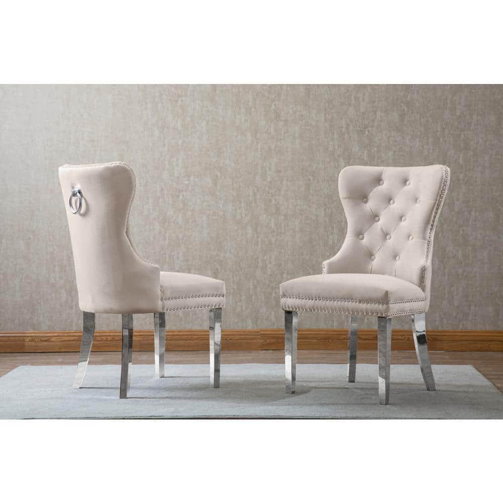 BELLEZE Upholstered Dining Chairs Set of 2, Velvet Luxury Dining Room Chairs with Button Back, Nailhead Trim, Pull-ring, Solid Wood Legs for Kitchen, Living Room, Restaurant - Chandler (Beige)
