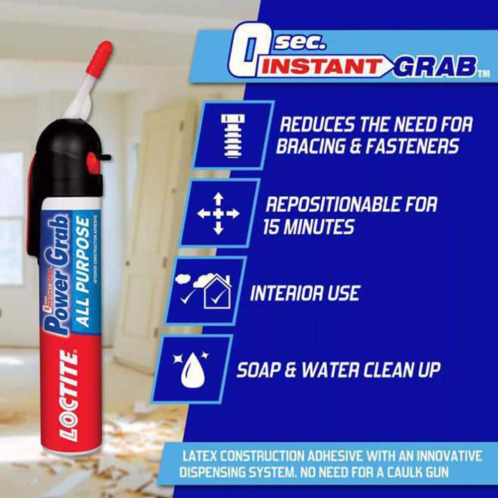 Loctite Power Grab Construction Adhesive All Purpose, Pack of 1, White 7.5 fl oz Pressure Pack