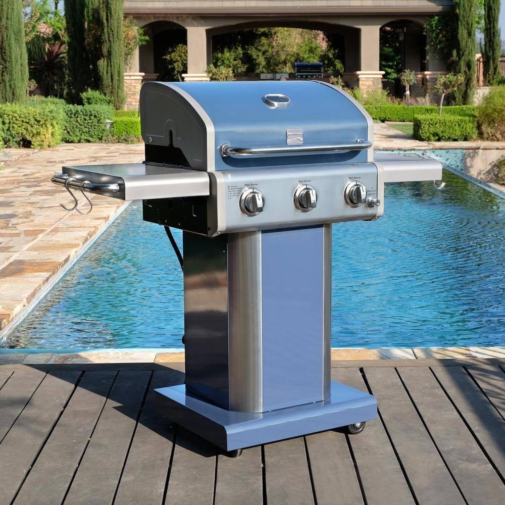 Kenmore 3-Burner Propane Gas Grill with Foldable Side Tables for Outdoor BBQ
