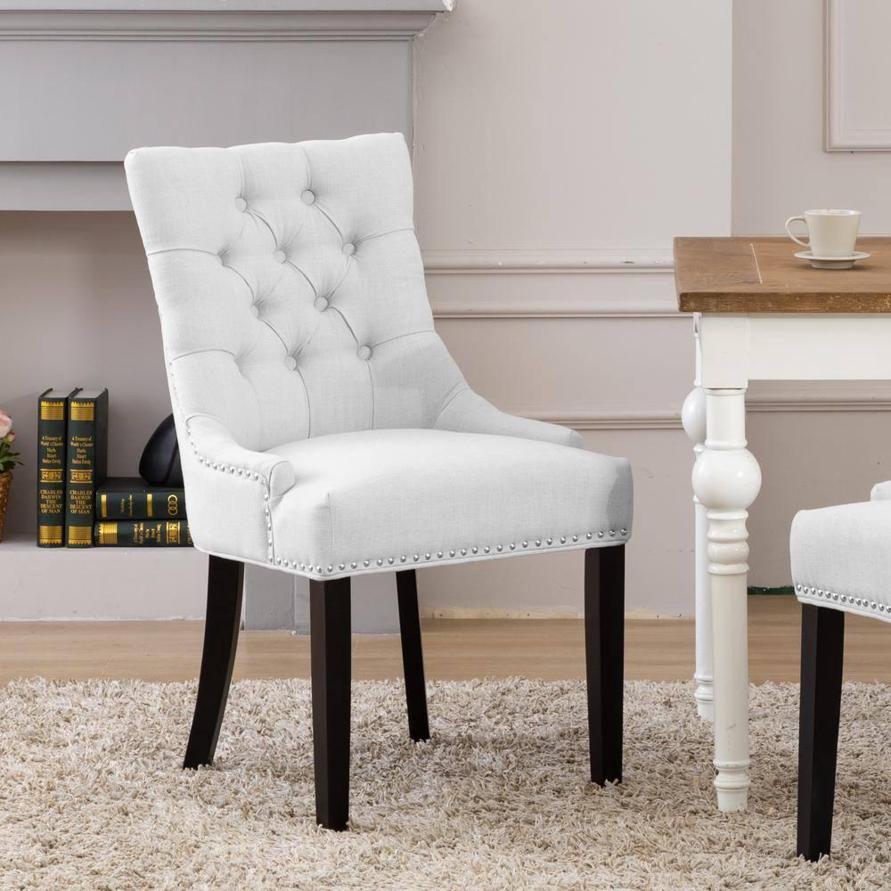 Polytrends Grandview Tufted Upholstered Linen Fabric Dining Chair Dining Chairs Light Gray Rubberwood Tufted,Nailheads Modern & Contemporary