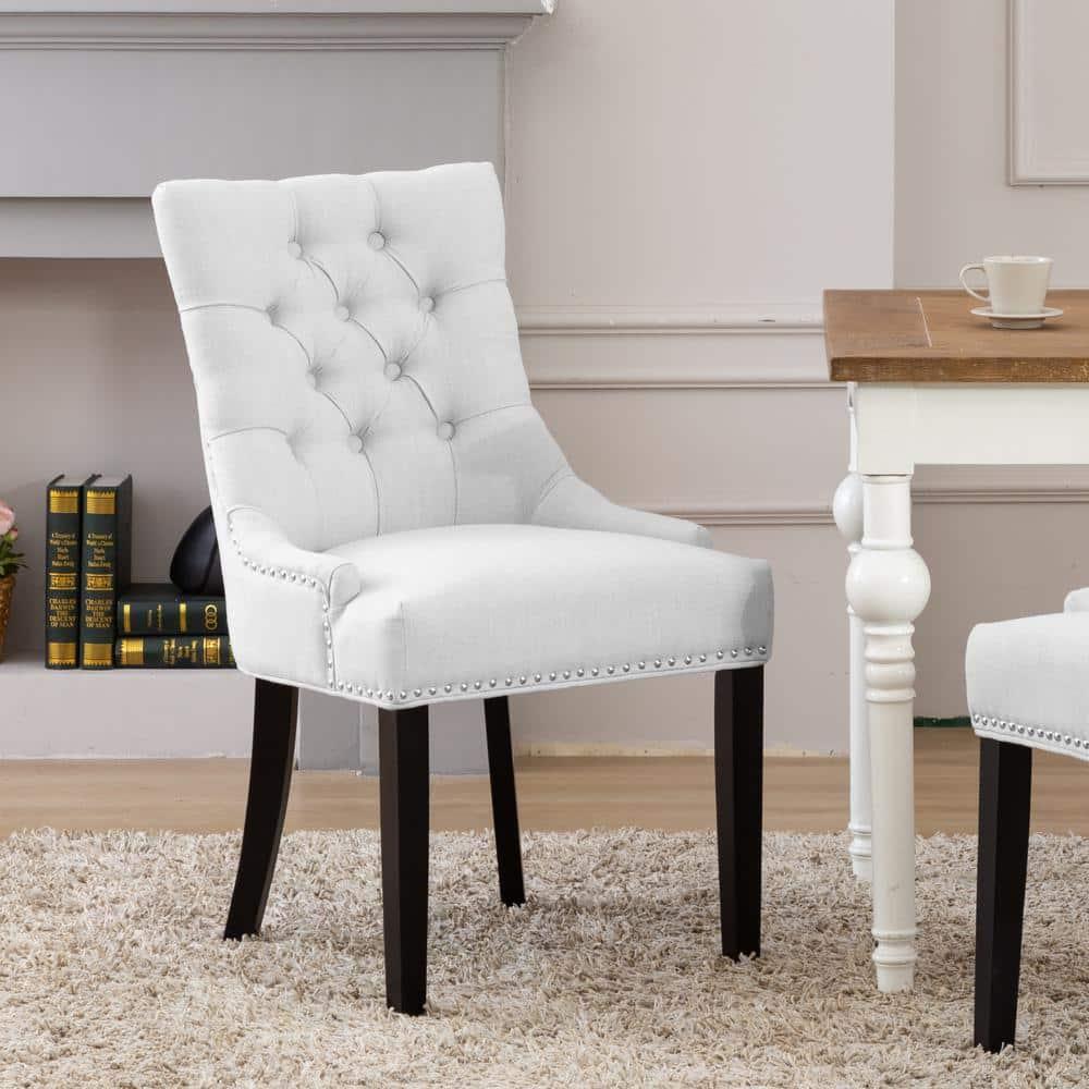 Polytrends Grandview Tufted Upholstered Linen Fabric Dining Chair Dining Chairs Light Gray Rubberwood Tufted,Nailheads Modern & Contemporary