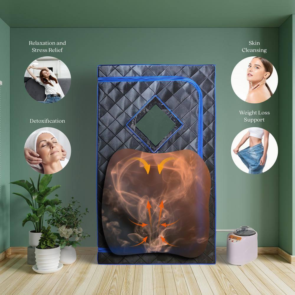 JOMEED 31 x 31 Inch Quilted Zip Indoor Sauna Relaxing Home Spa with Steamer, Sauna Tent, Detachable Frame, Foldable Chair and Remote Control, Black