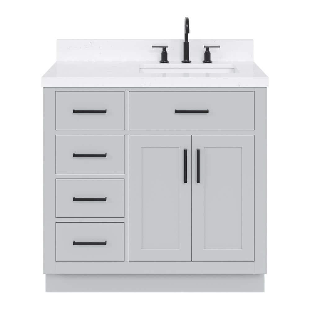 Thornaby 36'' Solid Wood Single Bathroom Vanity with 1.5'' Carrara Quartz Top, Left Offset Oval Sink