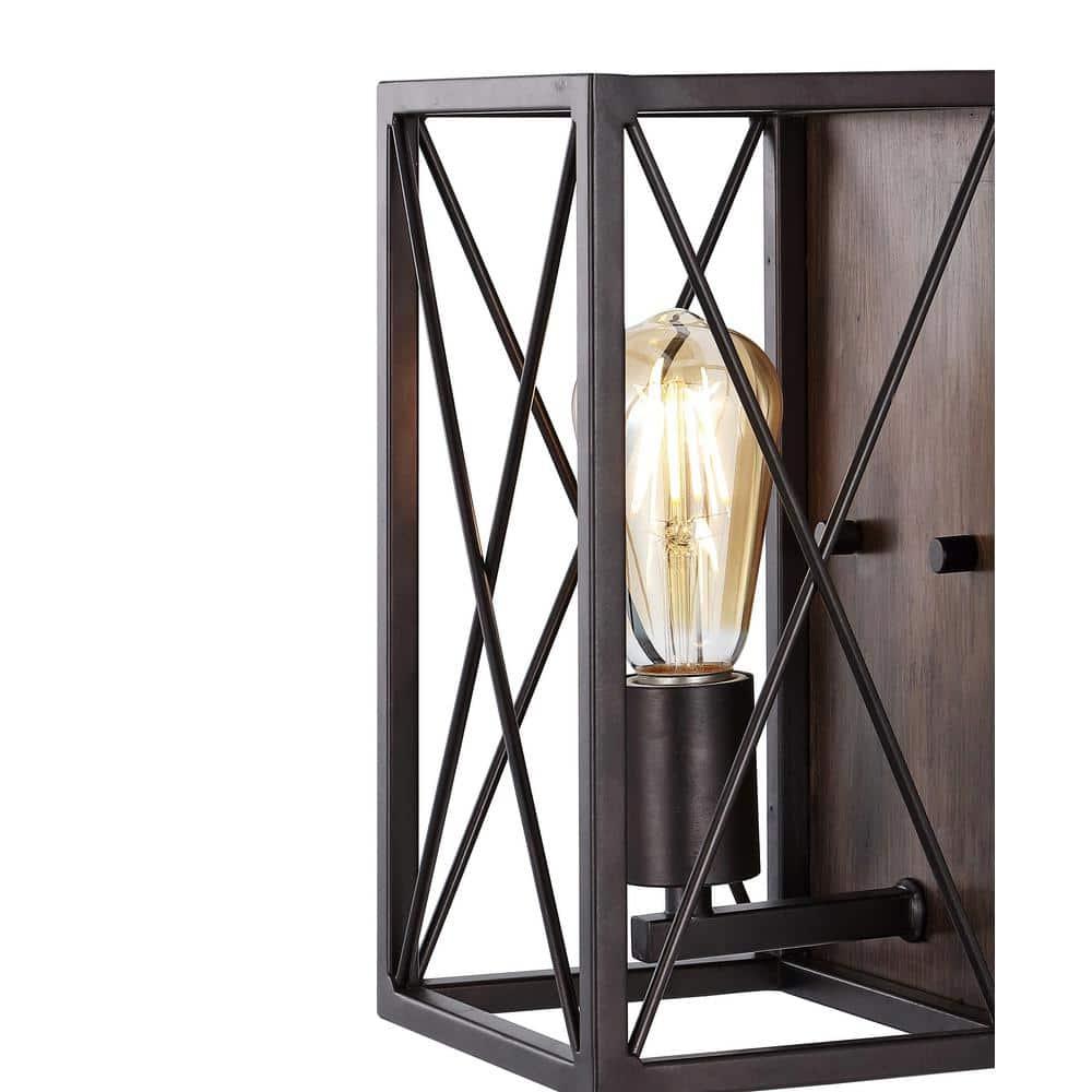 JONATHAN Y Norris X-Frame 6" 1-Light Farmhouse Rustic Iron LED Sconce, Oil Rubbed Bronze/Wood Finish