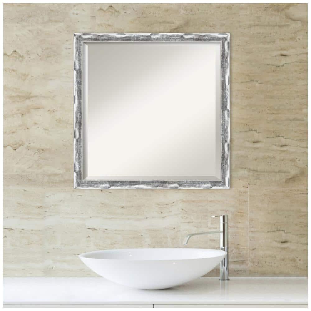 Amanti Art Beveled Bathroom Wall Mirror - Scratched Wave Chrome Frame - Scratched Wave Chrome Outer Size: 22 x 22 in