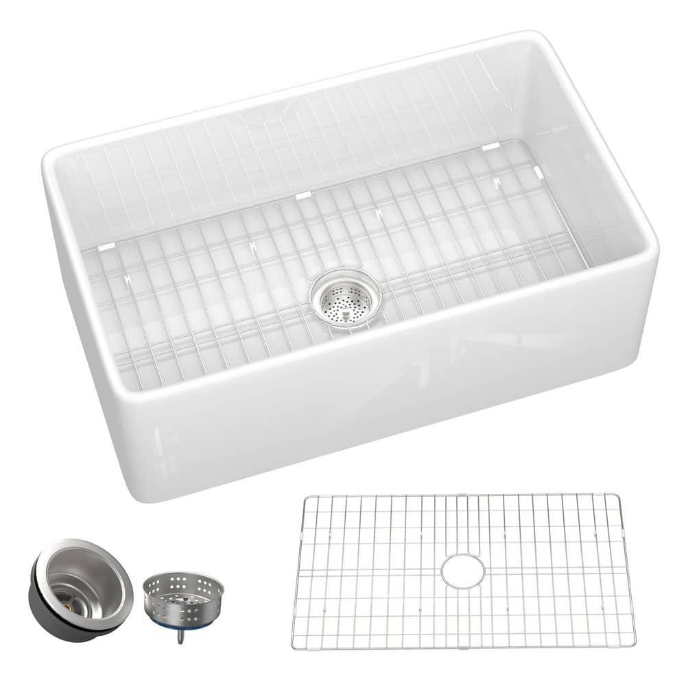 Pure 33 in. Workstation White Kitchen Sink Apron Front Fireclay Farmhouse Sink Single Bowl with Accessory Kit