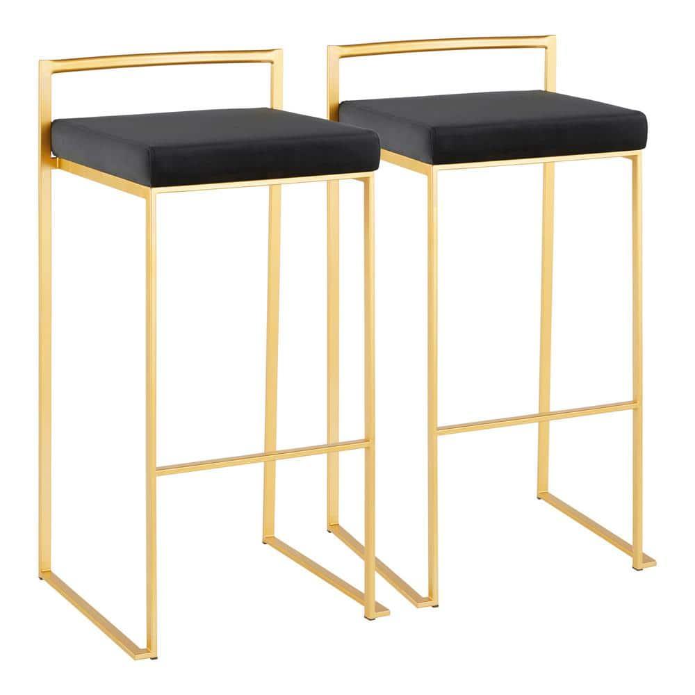 34" Set of 2 Fuji Contemporary Stackable Barstools Gold/Black Velvet - LumiSource: Cosmopolitan, Upholstered, Metal