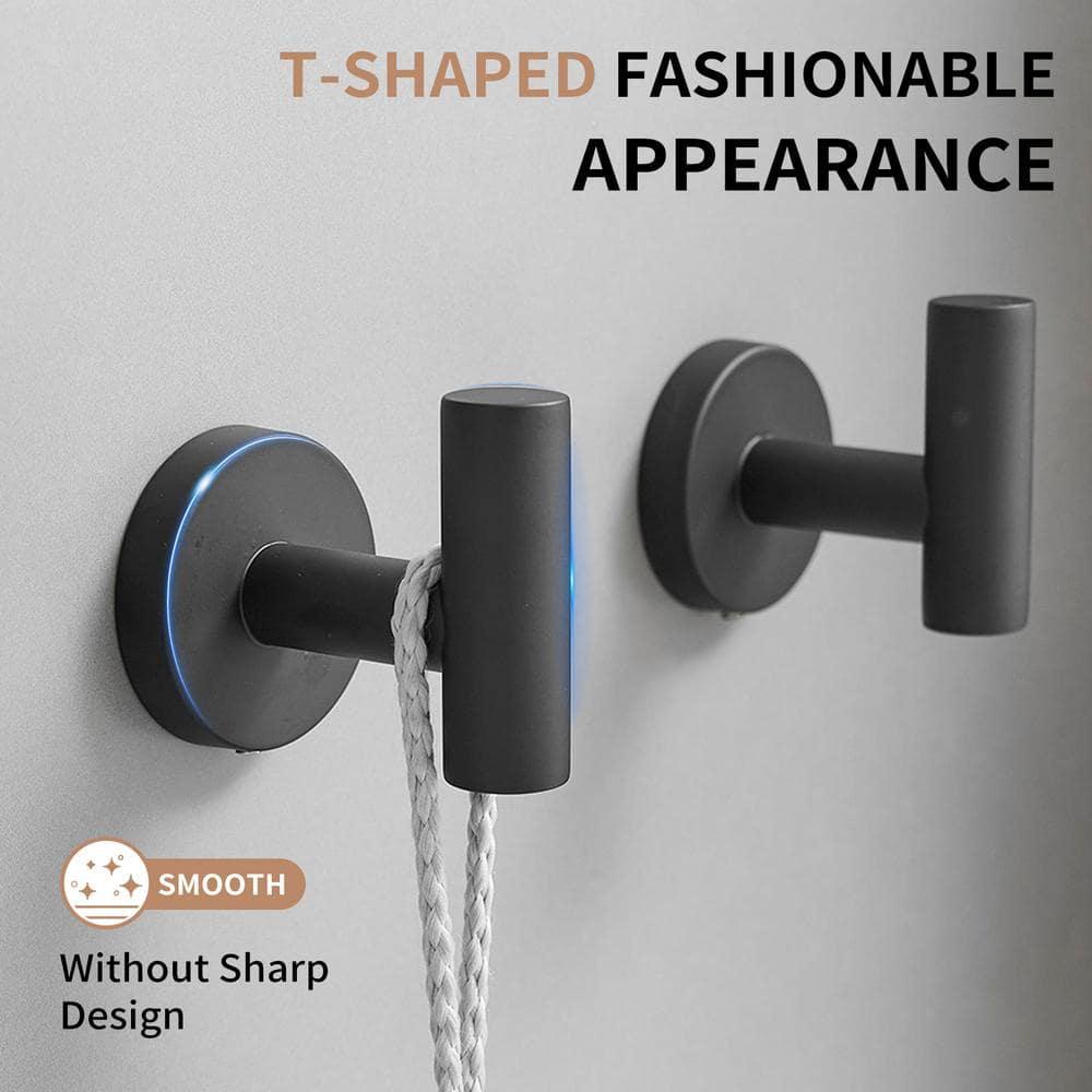 BWE 4-Pieces Round Shape J-Hook Robe/Towel Hook Wall Mount Bathroom Storage Modern in Matte Black