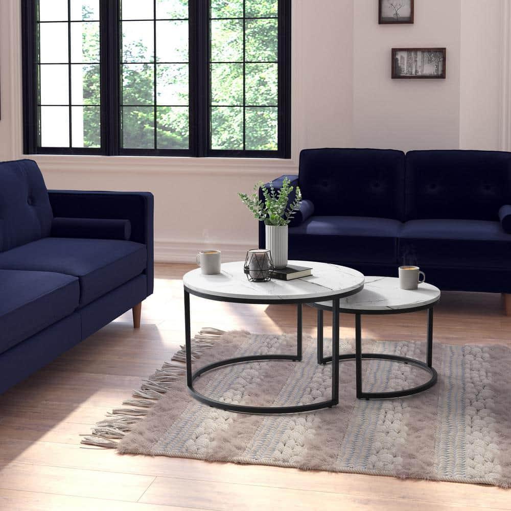 Set of 2 Marbled Finish Forth Worth Round Nesting Coffee Table White - CorLiving: Black Metal Legs, Accent Furniture