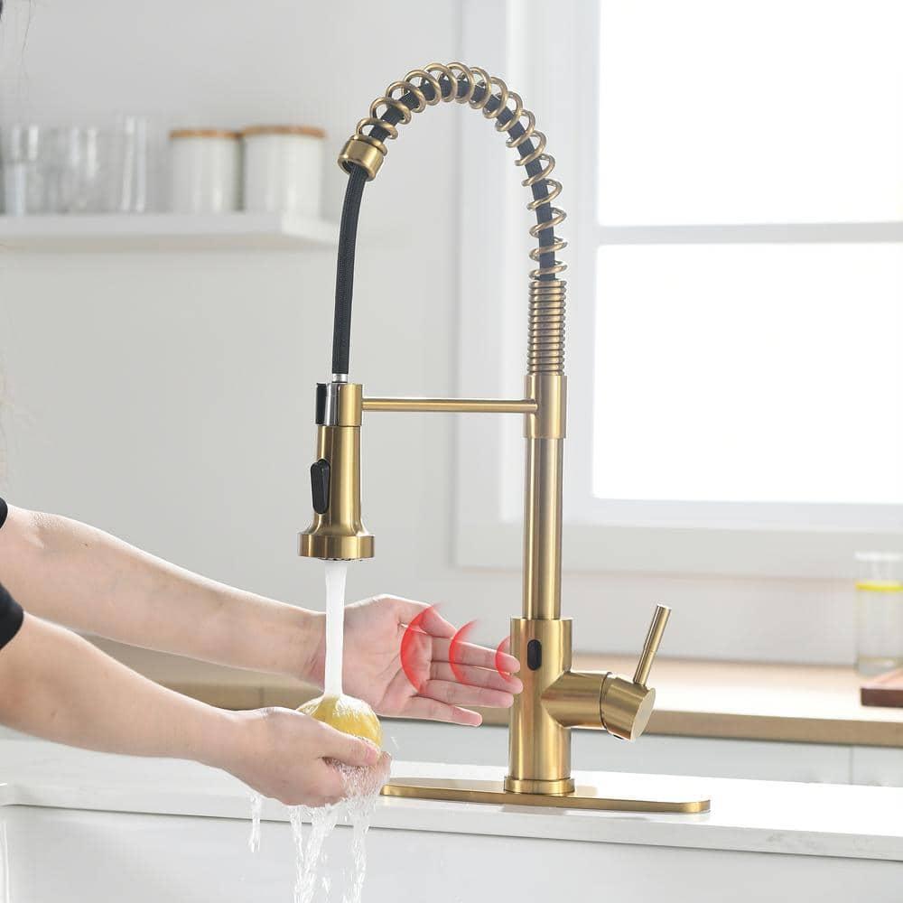 Fapully Touchless Kitchen Faucet with Pull Down Sprayer, Brushed Gold Motion Sensor Smart Commercial Single Handle Single Hole Faucet for Kitchen Sink