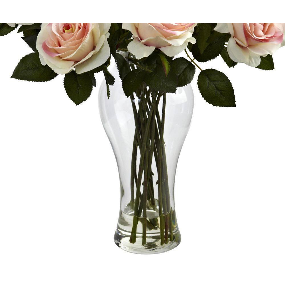 Nearly Natural Blooming Roses Artificial Flowers with Vase, Light Pink