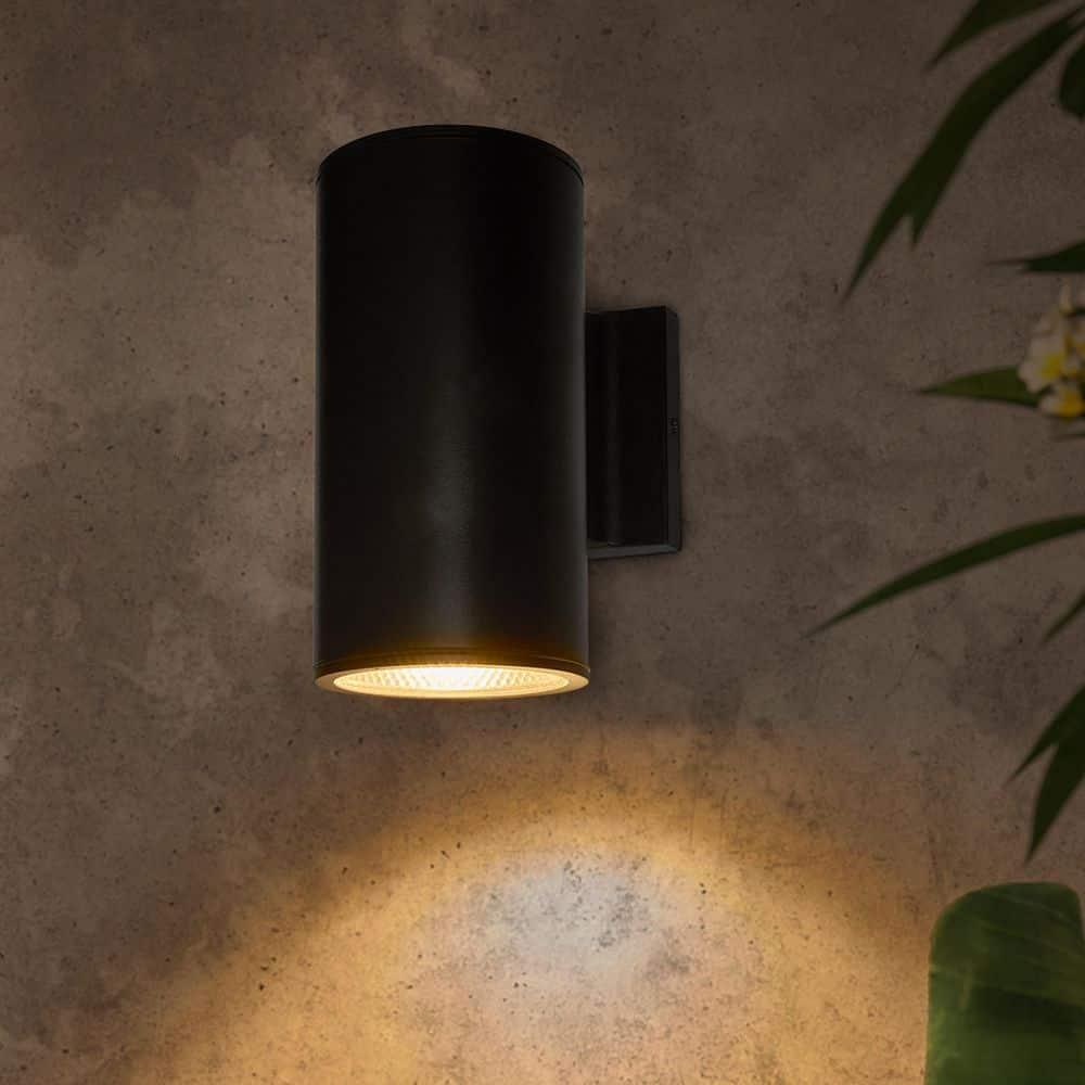Maxxima Cylinder LED Outdoor Wall Light, Modern Wall Wash, 12 Watt, 1050 Lumens, 5 CCT 2700K/3000K/3500K/4000K/5000K, Dusk to Dawn Photocell Sensor, Exterior Garage, Patio, or Porch Lighting, Black