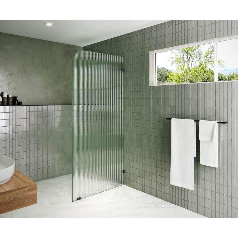 Glass Warehouse  36" x 78" Frameless Shower Door - Single Fixed Panel Fluted Frosted Radius Matte Black 36 Inch - Right Matte