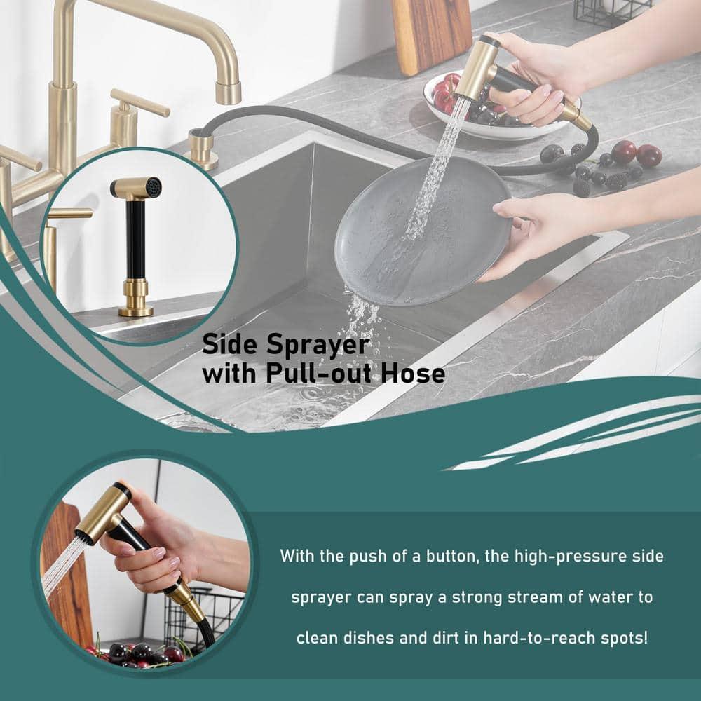 Double Handle Bridge Kitchen Faucet in Brushed Gold, with Put Out Side Sprayer