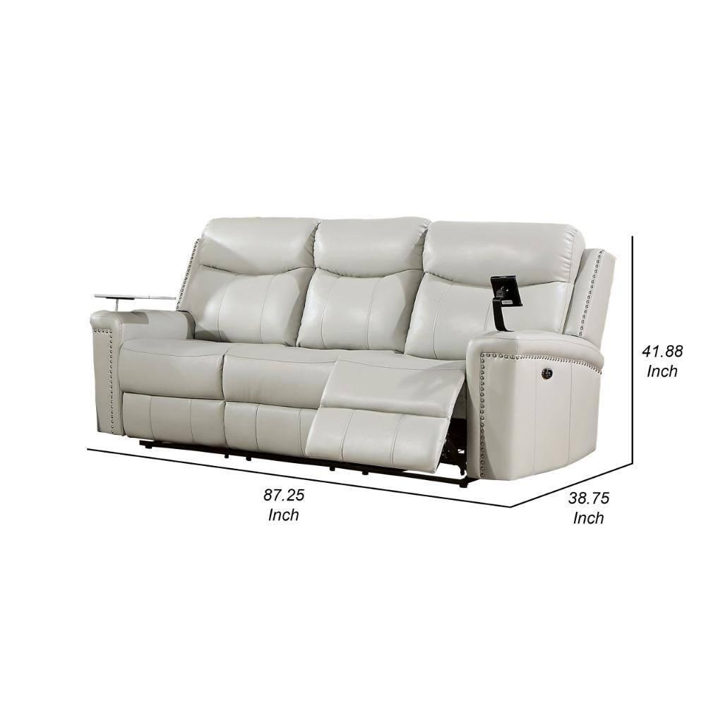 Benjara Flo 87 Inch Power Recliner Sofa, USB, Nailhead, Faux Leather, Light Gray | Wayfair