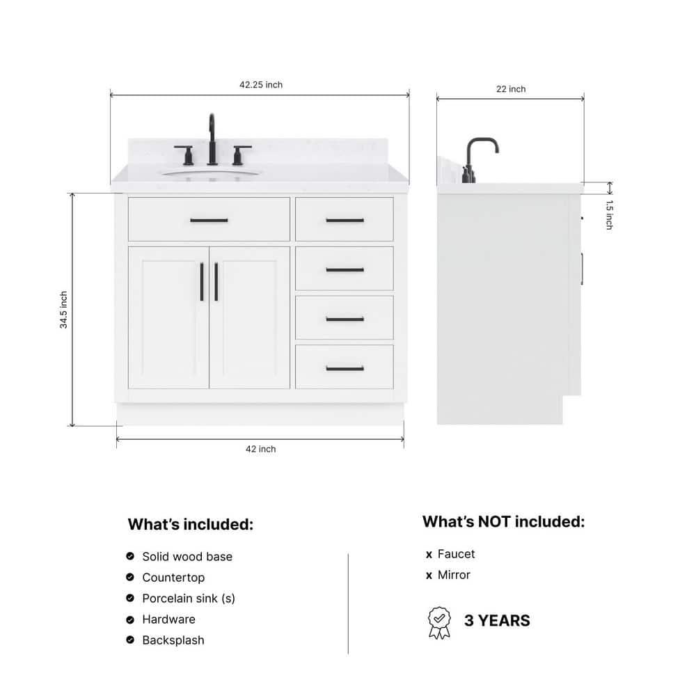 Hokku Designs Thornaby 42'' Solid Wood Single Bathroom Vanity with 1.5'' Carrara Quartz Top, Left Offset Oval Sink