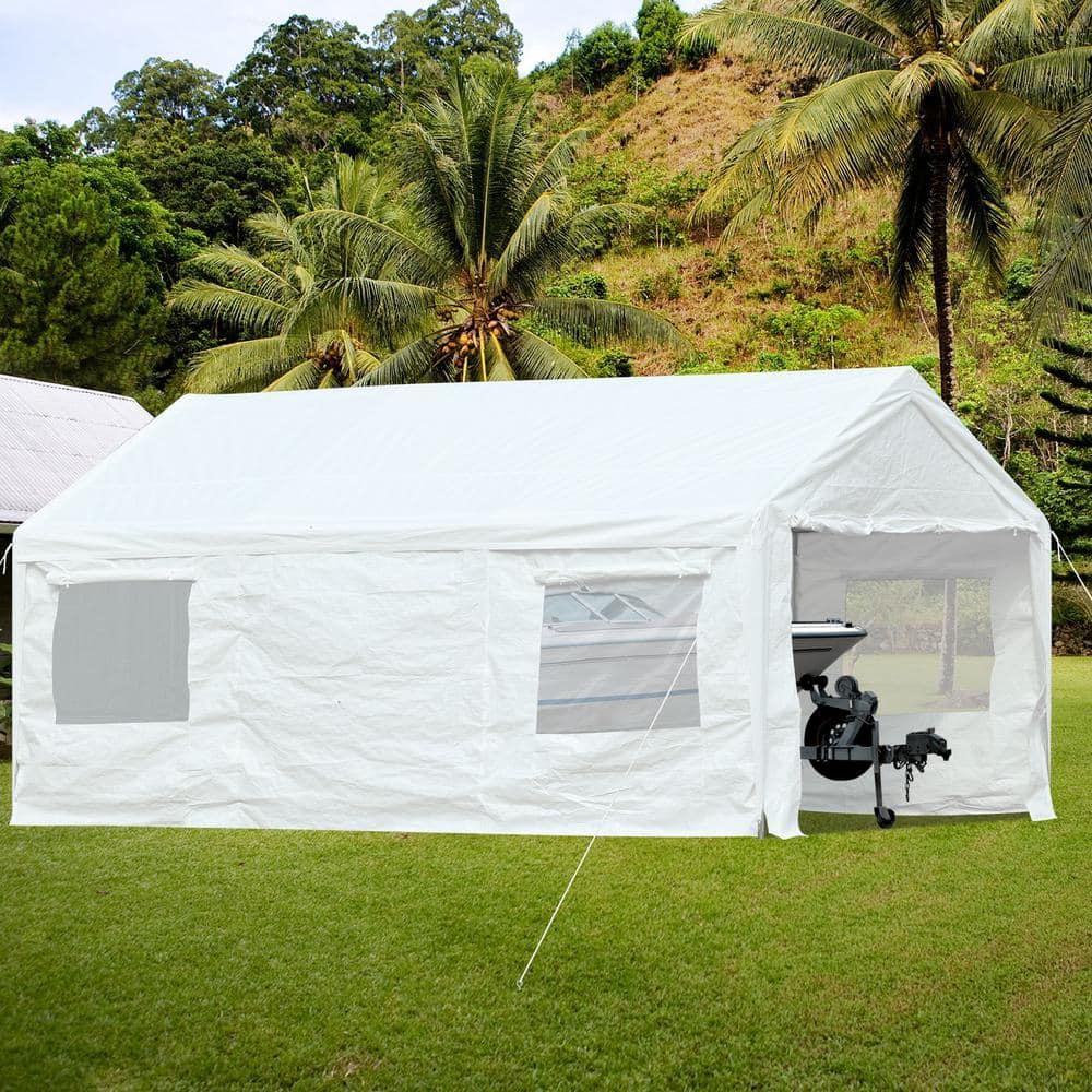 Aoodor 20 x 10 FT. Vehicle Carport Canopy Portable Garage Party Canopy Tent Boat Shelter, Heavy Duty Metal Frame with Removable Rool-up Sidewalls and Doors, White