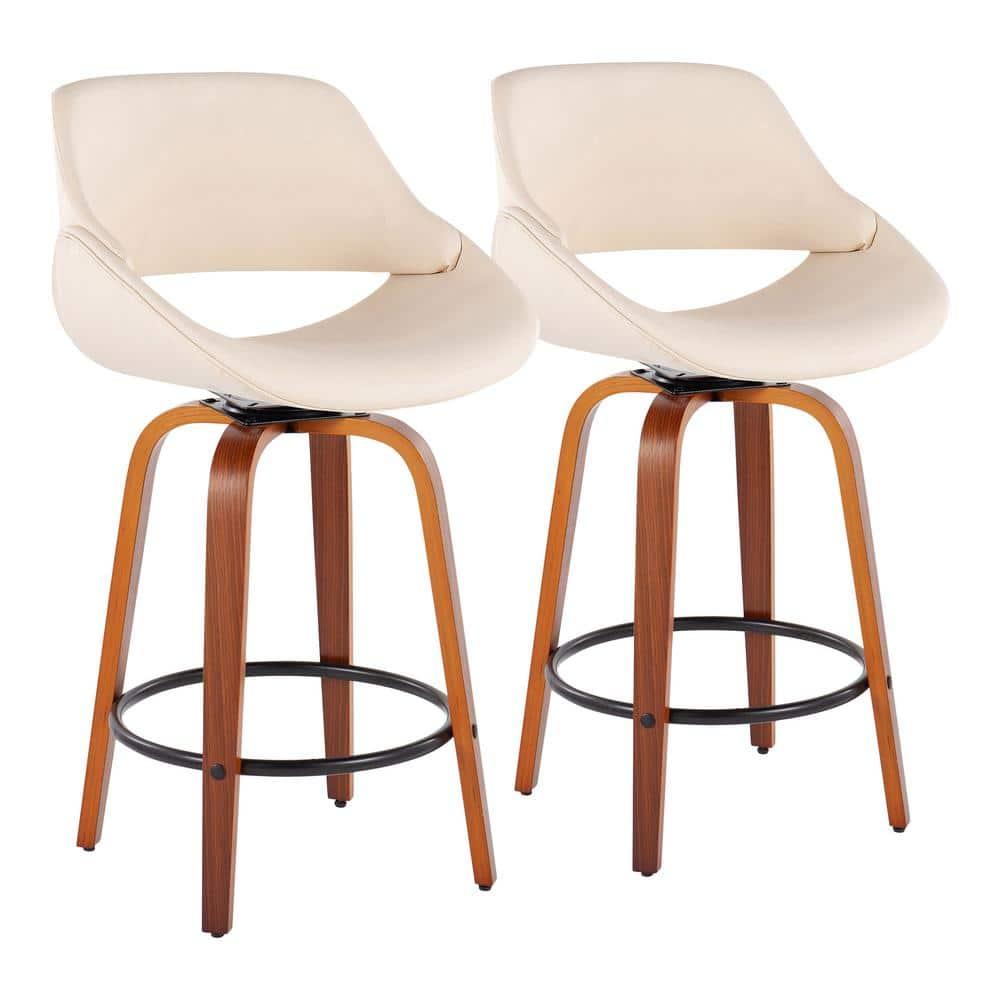Set of 2 Fabrico PU Leather/Steel/Wood Counter Height Barstools Walnut/Cream/Black - LumiSource: Swivel, Flared Legs, Upholstered