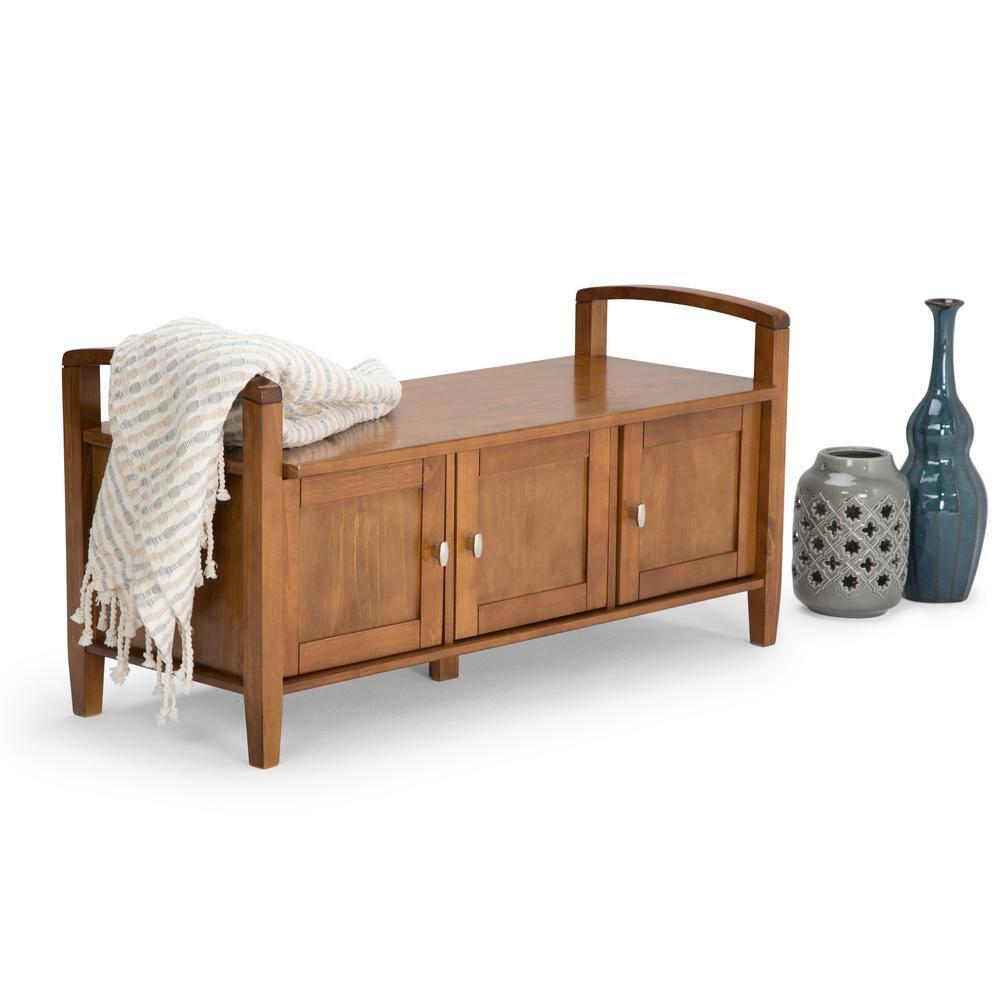 Simpli Home Warm Shaker Wood 44" Transitional Entryway Bench in Light Golden Brown