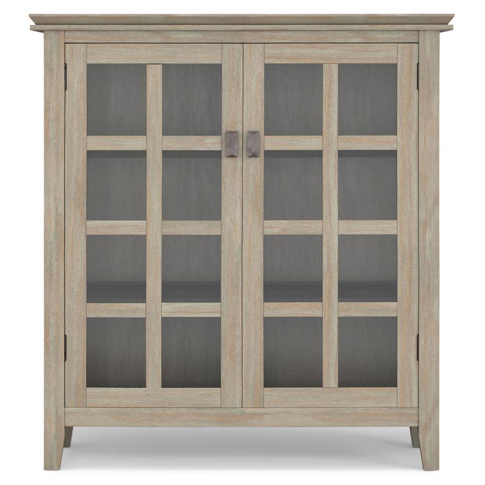 Simpli Home Artisan 38"W Solid Wood 4-Shelf Medium Storage Cabinet with Glass Doors and Adjustable Shelves