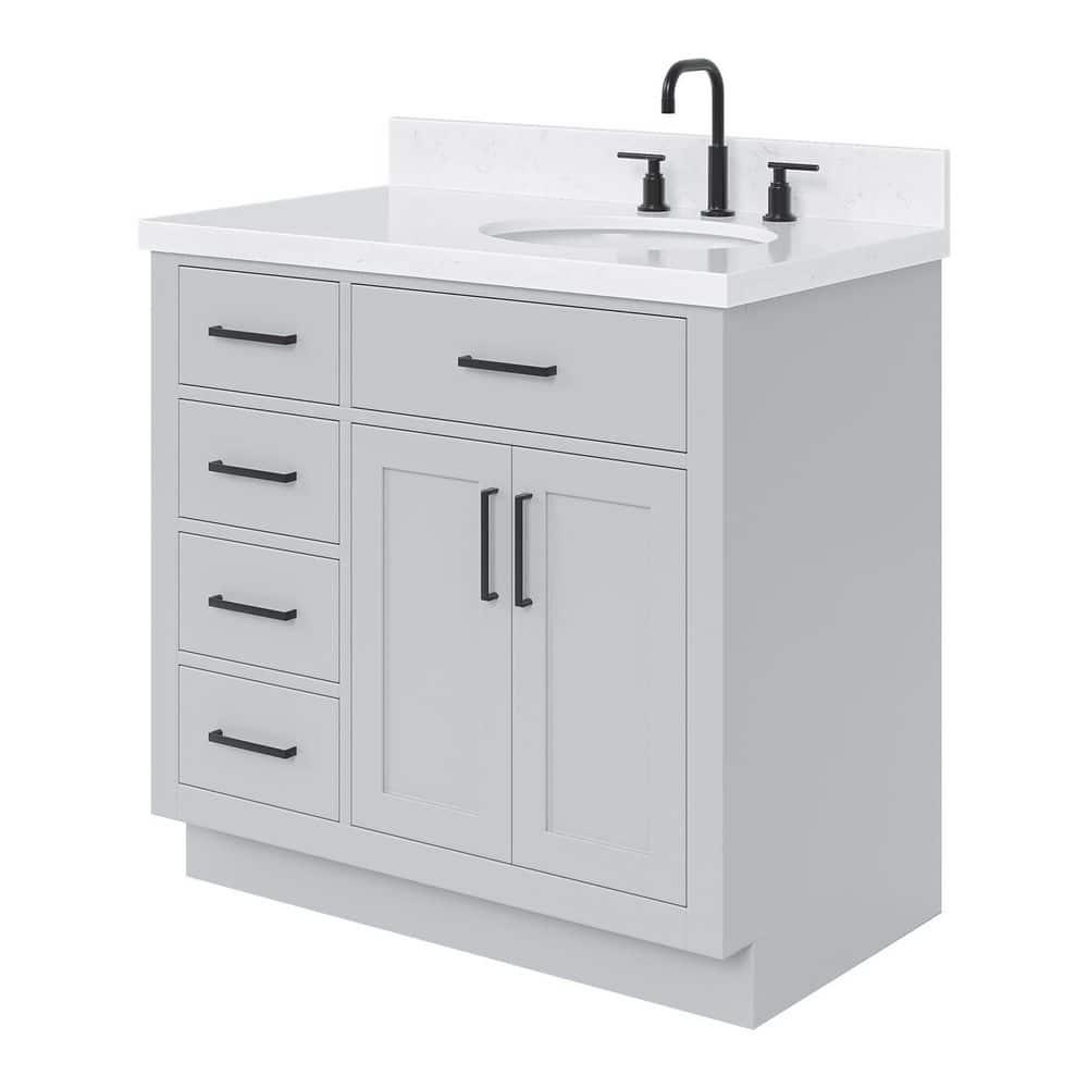 Thornaby 36'' Solid Wood Single Bathroom Vanity with 1.5'' Carrara Quartz Top, Left Offset Oval Sink