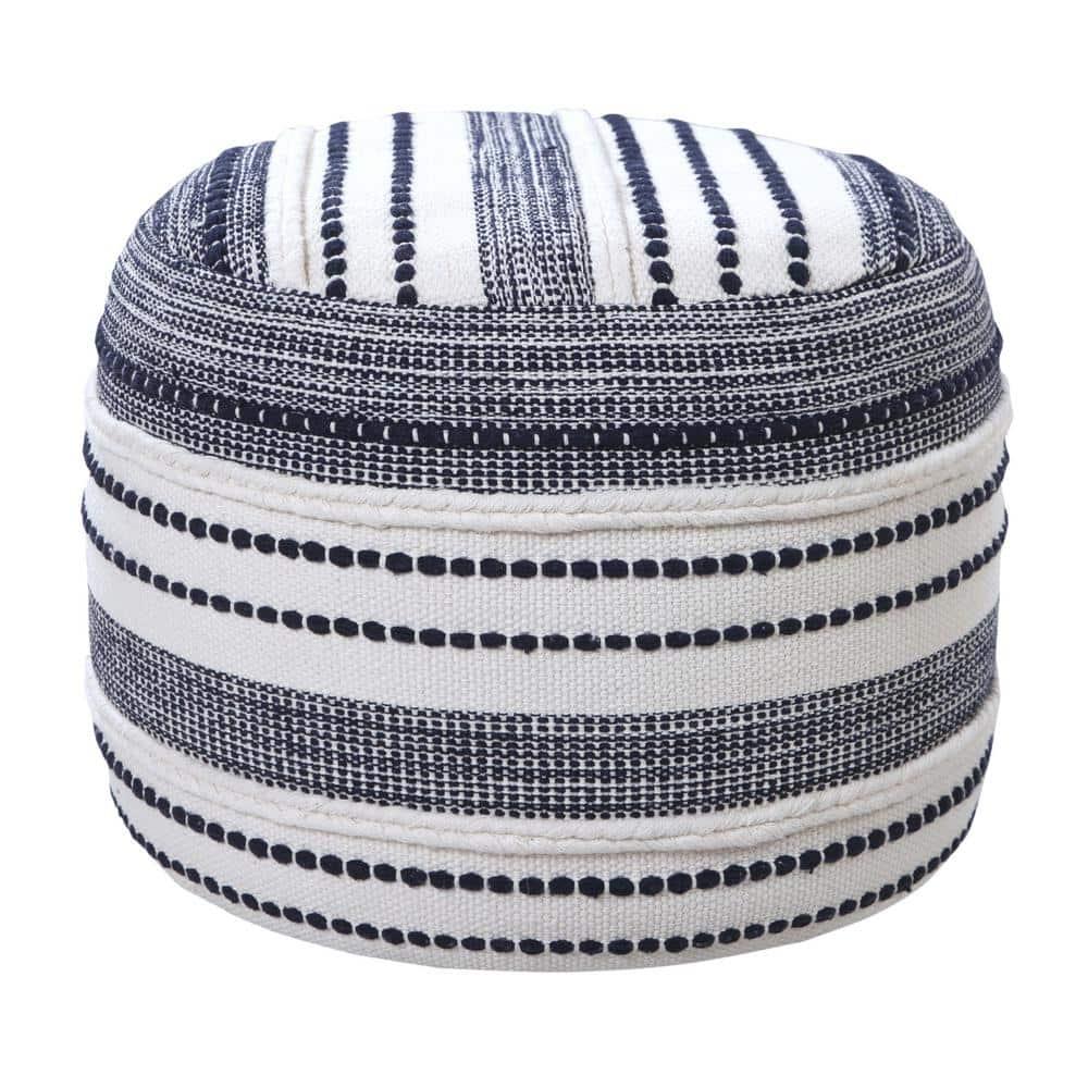 LR Home Fred Round Navy/White Striped Indoor Pouf Ottoman, 14"H x 18"W
