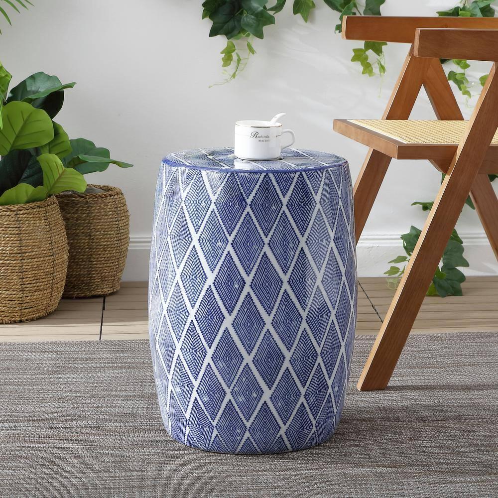Moroccan Diamonds 18" Ceramic Drum Garden Stool, Blue/White - JONATHAN Y
