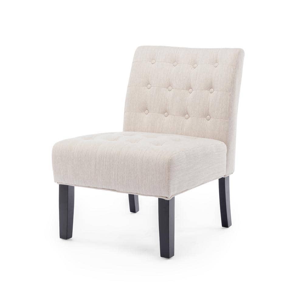 Noble House Loverin Fabric Tufted Slipper Chairs, Set of 2, Beige and Matte Black