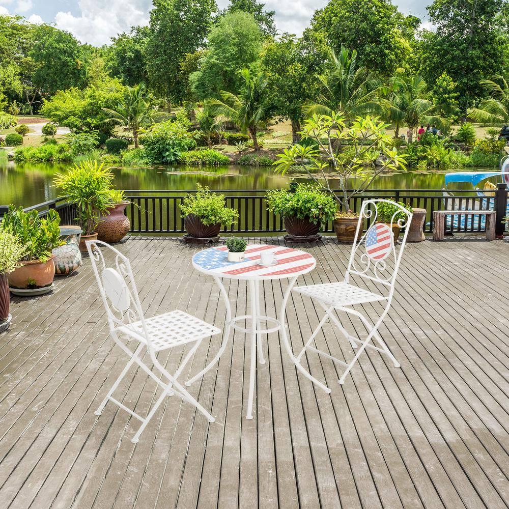Outsunny 3 Piece Patio Bistro Set, Folding Outdoor Furniture with USA Mosaic Table and Chairs for 4th of July, Balcony, American Flag