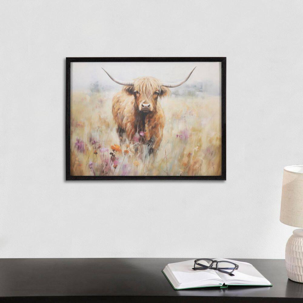 Kate & Laurel All Things Decor 16"x12" Gallery Highland Cow in a Flower Field Landscape Print by The Creative Bunch Studio Black
