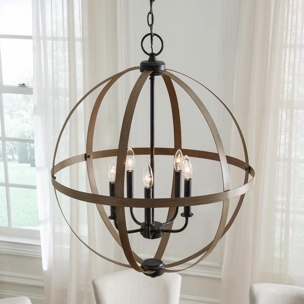 Calhoun 24" Steel Cage Globe Chandelier in Cerused Oak
