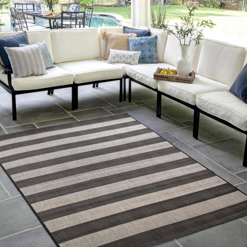 Nuloom Alexis Striped 2x3 Indoor/Outdoor Accent Rug for Living Room Patio Deck Front Porch Entryway Kitchen, Black/Light Grey