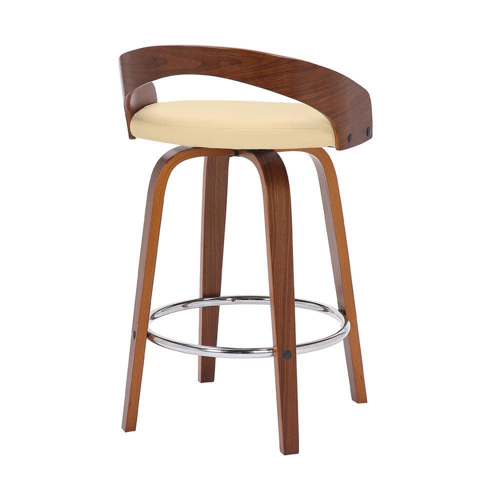 Sonia 26 in.  Counter Height Swivel Cream Faux Leather and Walnut Wood Bar Stool